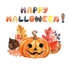 Watercolor Halloween card or poster template with hand painted carved pumpkin head, autumn tree leaves, red mushroom and hand written text. Jack O lantern illustration, isolated on white background.