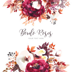 Beautiful bordo roses background in watercolor style - obrazy, fototapety, plakaty