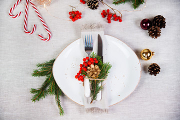 Christmas table setting with a plate and appliances in the Christmas decorations.