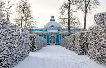 Fototapeta na wymiar Grotto pavilion in Catherine park in winter, Tsarskoe Selo (Pishkin), St. Petersburg, Russia