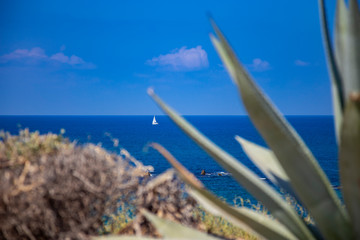 The sailboat sails on a calm, blue sea.