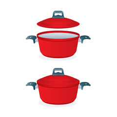 Saucepan. Realistic saucepan vector illustration. Red cooking pot. Kitchen appliance. Casseroles icons. Part of set. 