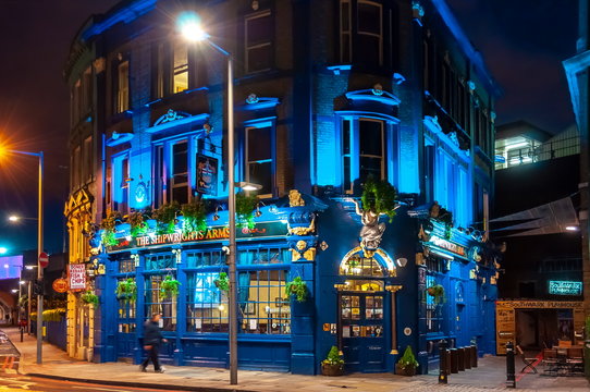 London, UK - April 2018: The Shipwrights Arms pub in London at night