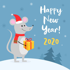 Happy new year vector card. Mouse symbol of 2020 year holding cheese gift box