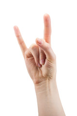 hand with a rock and roll sign, rock music isolated on white background