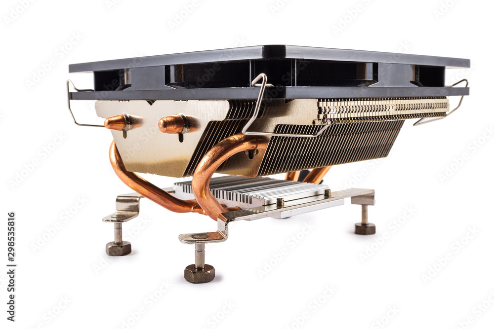 Poster computer cpu cooling system. fan and radiator isolated on white background