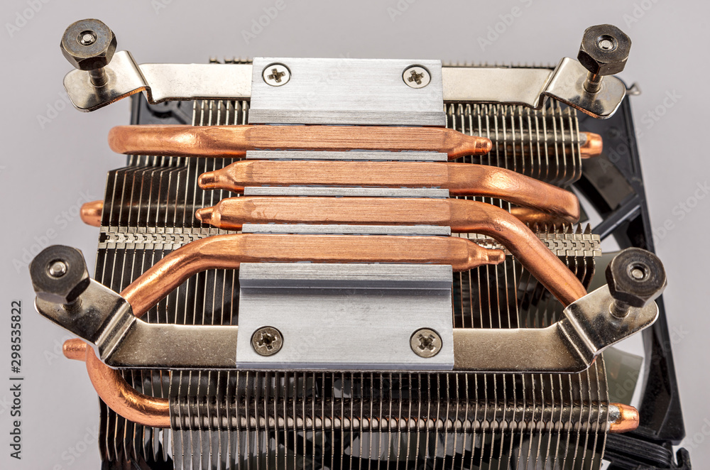 Poster computer cpu cooling system. fan and radiator isolated on white background