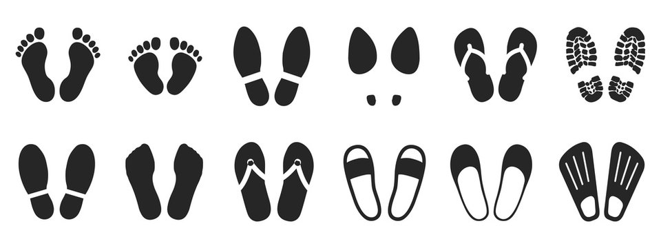 Set footprints and shoeprints icons - stock vector
