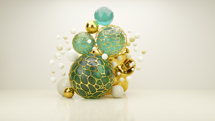 Abstract 3d rendered background with spheres and gold organic shapes