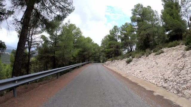 4k, POV driving a car on a lonely old curve road through a pine wood in Murcia. Drive on Nerpio's road at south Europe, mediterranean pine forest in Spain.