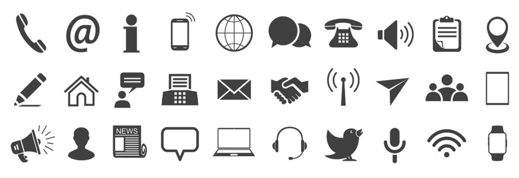 Set grey contact icons, communication signs - stock vector