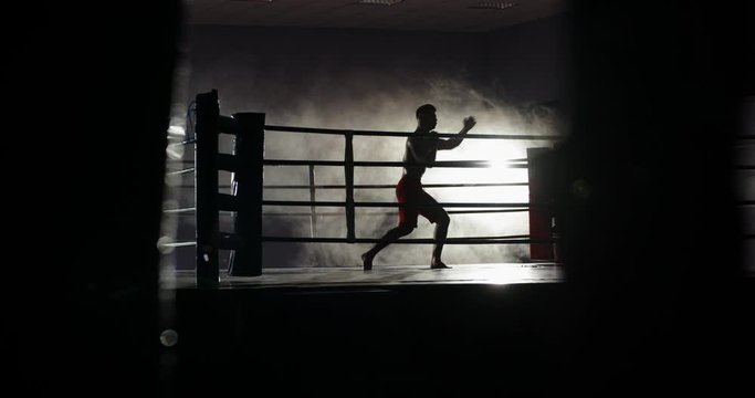 Dedicated athlete doing a shadow fight on boxing ring, practicing muay thai martial art, preparing for a fight - sports, martial arts concept 4k footage