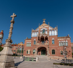An exterior video of the main building of Recinte Modernista de Sant Pau located in Barcelona, Spain