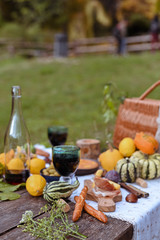 Table prepared for lunch in autumn nature, picnic . Harvest, autumn lunch, Wine and glasses. Outdoor meeting.