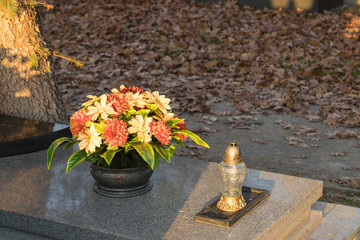 Candles and flowers at the cemetery