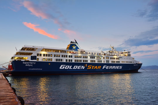Rafina, Greece - Sept 19, 2016: View on the Rafina harbor and Golden Star ferries at sunset time, one from a many small port in Attica