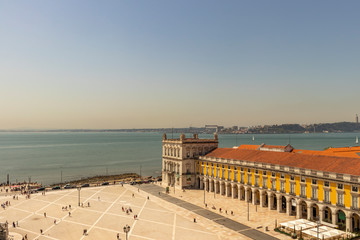 Fototapeta na wymiar Aerial view of the Tagus River and Praça do Comércio in Baixa, Lisbon City Centre.