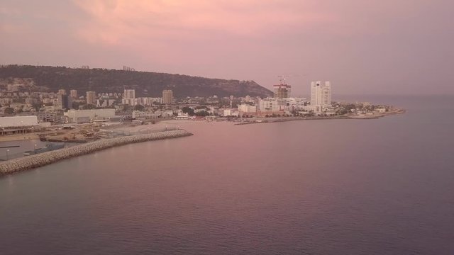 Haifa, Israel. Aerial footage  of haifa cityscape. Haifa bay early morning sunrise.