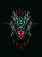 Sea dragon head vector illustration with mandala as the background ornament, suitable for apparel merchandise, t-shirt or outerwear.