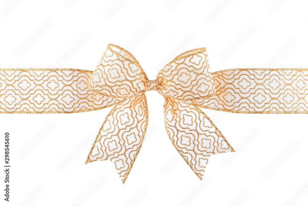 Wall mural White burlap ribbon bow with gold ornament isolated on white background - Wall murals
