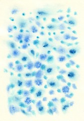 Abstract light and dark blue texture and background with big flowing stains dots and spots drawn by watercolor paints. Great basic of print, badge, party invitation, banner, tag.