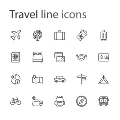 Travel line thin icons set, vector illustration eps10 on white background.