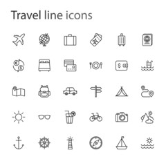 Travel line thin icons set, vector illustration eps10 on white background.