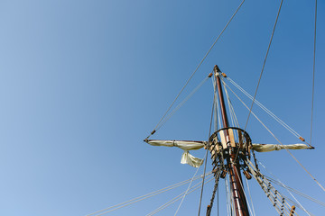 Sails and ropes of the main mast of a caravel ship, Santa María Columbus ships