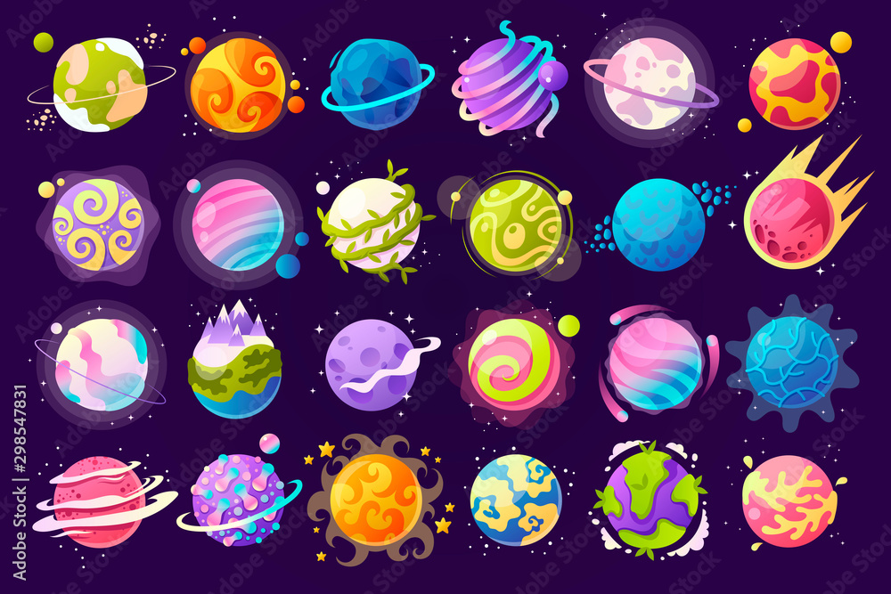 Sticker vector set of cartoon planets. colorful set of isolated objects. space background. fantasy planets. 