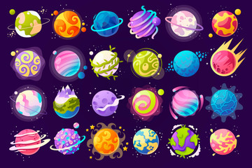 Vector set of cartoon planets. Colorful set of isolated objects. Space background. Fantasy planets. Colorful universe. Game design.  EPS 10 - obrazy, fototapety, plakaty