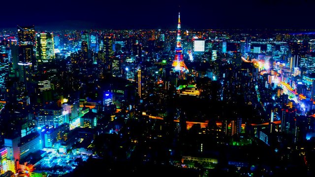 東京　夜景　タイムラプス　摩天楼のビル群と街並み