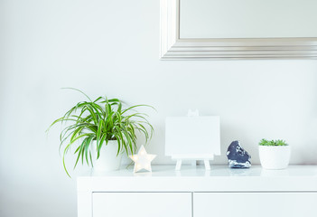 White scandinavian home interior design. Green plants in pots, star shape lamp, blank canvas on a stand, and stone detail on wall with mirror background. Minimalist simple hygge room decor. Copy space