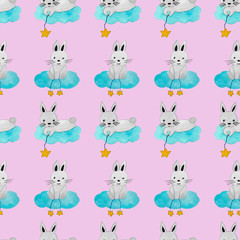 Seamless pattern of a Bunny on a cloud with stars on a string. Gentle baby pattern