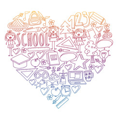 Seamless vector set of Back to School icons in doodle style. Painted, colorful, pictures on a piece of paper on white background.