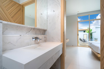 Fototapeta na wymiar interior design bedroom with bathroom