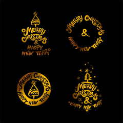Merry Christmas & Happy New Year! Gold holiday labels on a black background a set of four templates. Christmas tree and stars. Set of four vector templates for the New Year design. 