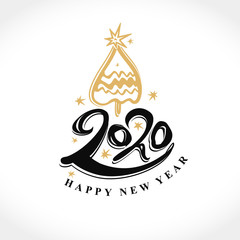 Handwritten 2020 Christmas tree and stars for the New Year design. Vector template. 