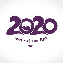 Year of the Rat. Chinese New Year card with rat on a background of 2020. Year of the rat 2020 flat vector template.