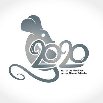Year of the Metal Rat on the Chinese Calendar. 2020 logo design. Vector template metal stamp with the inscription 2020 and Rat.