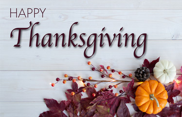 Orange and white pumpkin on white wood background with fall leav