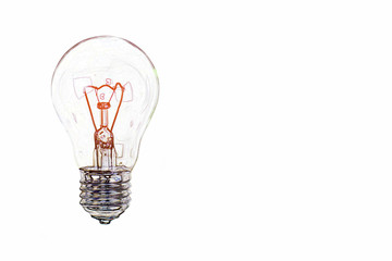 Transparent incandescent lamp bulb with red heated spiral on white background with copy space