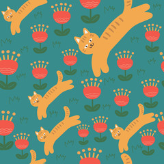 Cats and Flowers, vector seamless pattern