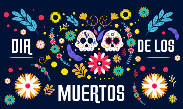 Day of the dead, Dia de los muertos, banner with colorful Mexican flowers. Vector illustration