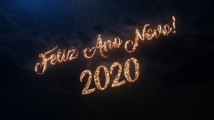 Fototapeta na wymiar 2020 Happy New Year greeting text in Portugal with particles and sparks on black night sky with colored fireworks on background, beautiful typography magic design.