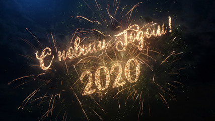 2020 Happy New Year greeting text in Russian with particles and sparks on black night sky with colored fireworks on background, beautiful typography magic design.
