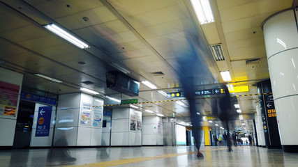 SEOUL, SOUTH KOREA - MAY 2019: Life scenes of Yeoksam subway station in Gangnam District. People moving around on the platform and waiting for their train in beautiful .