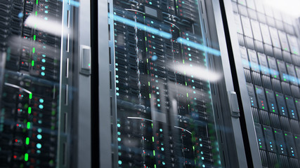 Camera moving in data center along the racks with server equipment, close up view. Seamlessly looped photorealistic 3D render animation.