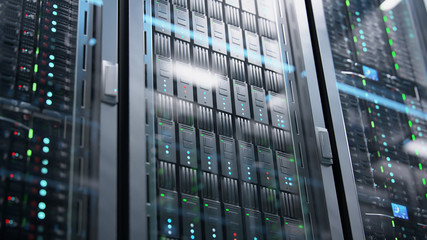 Camera moving in data center along the racks with server equipment, close up view. Seamlessly looped photorealistic 3D render animation.