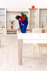 Young contractor doing pest control at home