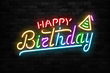 Fototapeta na wymiar Vector realistic isolated neon sign of Happy Birthday logo for decoration and covering on the wall background. Concept of invitation and celebration.